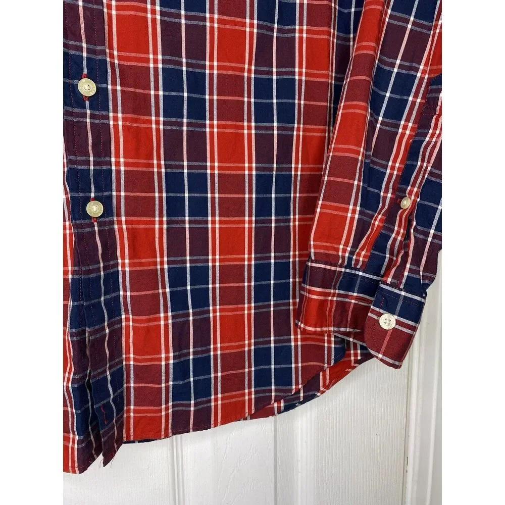 Tailored By J Crew Mens Long Sleeve Button Front Shirt Red Blue Plaid Large‎